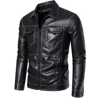 Black double breasted leather jacket